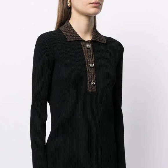 Proenza Schouler Black Ribbed Knit Polo Sweater Top Button Up Size L - Picture 2 of 10